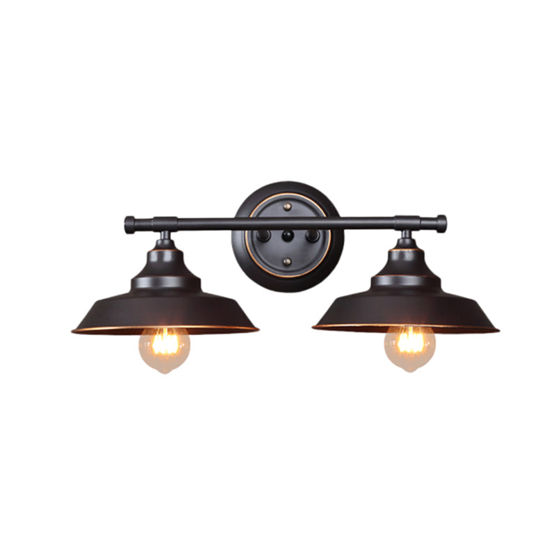 2-Light Barn Shade Wall Lamp Industrial Matte Black Metal Sconce Light Fixture for Living Room with Round Backplate Clearhalo 'Art deco wall lights' 'Cast Iron' 'Glass' 'Industrial wall lights' 'Industrial' 'Middle century wall lights' 'Modern' 'Rustic wall lights' 'Tiffany' 'Traditional wall lights' 'Wall Lamps & Sconces' 'Wall Lights' Lighting' 205523