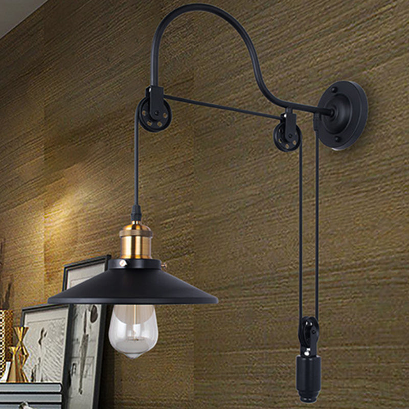 Wide Flare Metal Sconce Lighting Industrial Single Bulb Dining Room Wall Mounted Lamp in Black with Pulley Clearhalo 'Art deco wall lights' 'Cast Iron' 'Glass' 'Industrial wall lights' 'Industrial' 'Middle century wall lights' 'Modern' 'Rustic wall lights' 'Tiffany' 'Traditional wall lights' 'Wall Lamps & Sconces' 'Wall Lights' Lighting' 205536