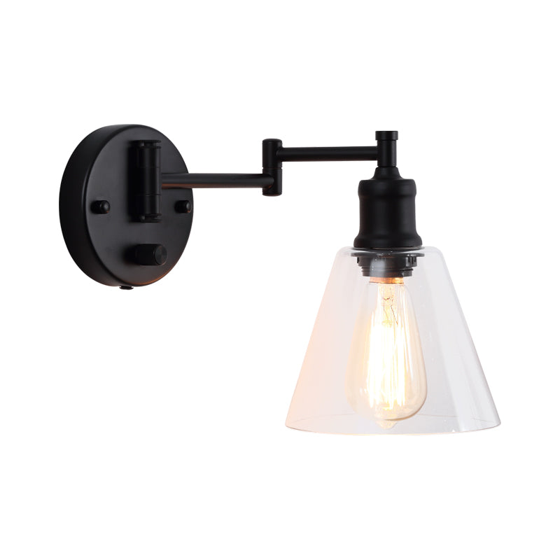 One Bulb Wall Light with Cone Shade Clear Glass Industrial Indoor Sconce Lighting Fixture in Black Clearhalo 'Art deco wall lights' 'Cast Iron' 'Glass' 'Industrial wall lights' 'Industrial' 'Middle century wall lights' 'Modern' 'Rustic wall lights' 'Tiffany' 'Traditional wall lights' 'Wall Lamps & Sconces' 'Wall Lights' Lighting' 205541