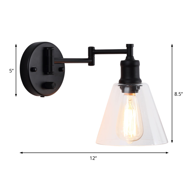 One Bulb Wall Light with Cone Shade Clear Glass Industrial Indoor Sconce Lighting Fixture in Black Clearhalo 'Art deco wall lights' 'Cast Iron' 'Glass' 'Industrial wall lights' 'Industrial' 'Middle century wall lights' 'Modern' 'Rustic wall lights' 'Tiffany' 'Traditional wall lights' 'Wall Lamps & Sconces' 'Wall Lights' Lighting' 205542