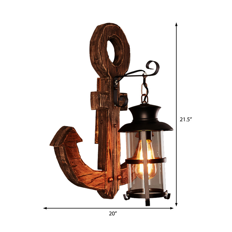 Bronze One Light Sconce Light Industrial Clear Glass Cylinder Wall Lighting Fixture with Cage and Wooden Anchor Backplate Clearhalo 'Art deco wall lights' 'Cast Iron' 'Glass' 'Industrial wall lights' 'Industrial' 'Middle century wall lights' 'Modern' 'Rustic wall lights' 'Tiffany' 'Traditional wall lights' 'Wall Lamps & Sconces' 'Wall Lights' Lighting' 205673