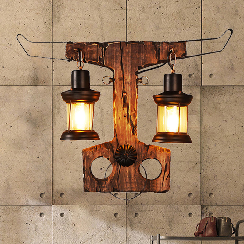 2-Light Wall Lamp Lighting Rustic Style Lantern Clear Glass Sconce Light Fixture in Black with Wooden Backplate Black Clearhalo 'Art deco wall lights' 'Cast Iron' 'Glass' 'Industrial wall lights' 'Industrial' 'Middle century wall lights' 'Modern' 'Rustic wall lights' 'Tiffany' 'Traditional wall lights' 'Wall Lamps & Sconces' 'Wall Lights' Lighting' 205698