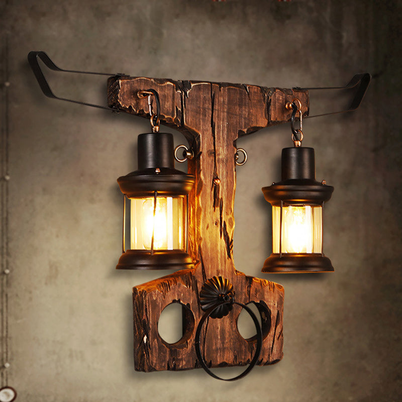 2-Light Wall Lamp Lighting Rustic Style Lantern Clear Glass Sconce Light Fixture in Black with Wooden Backplate Clearhalo 'Art deco wall lights' 'Cast Iron' 'Glass' 'Industrial wall lights' 'Industrial' 'Middle century wall lights' 'Modern' 'Rustic wall lights' 'Tiffany' 'Traditional wall lights' 'Wall Lamps & Sconces' 'Wall Lights' Lighting' 205699