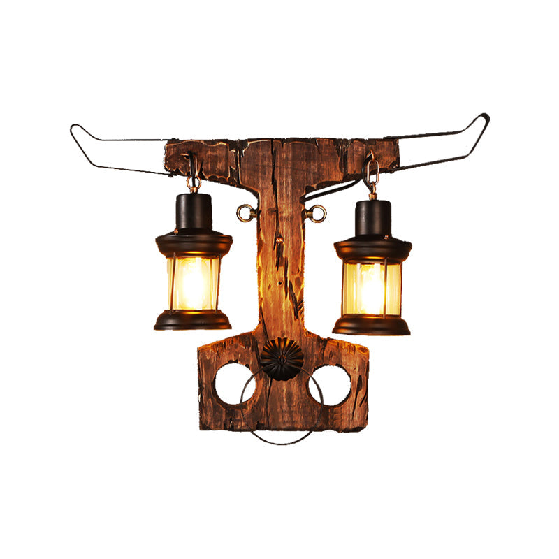 2-Light Wall Lamp Lighting Rustic Style Lantern Clear Glass Sconce Light Fixture in Black with Wooden Backplate Clearhalo 'Art deco wall lights' 'Cast Iron' 'Glass' 'Industrial wall lights' 'Industrial' 'Middle century wall lights' 'Modern' 'Rustic wall lights' 'Tiffany' 'Traditional wall lights' 'Wall Lamps & Sconces' 'Wall Lights' Lighting' 205700