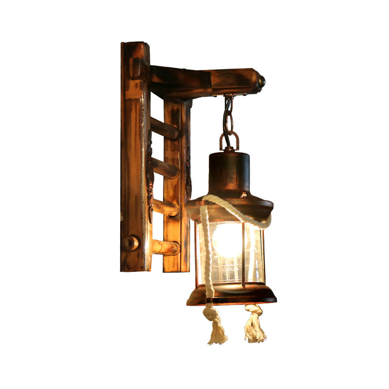 1 Light Kerosene Wall Lamp Vintage Bronze Clear Glass Sconce Light Fixture for Indoor with Bamboo Backplate Clearhalo 'Art deco wall lights' 'Cast Iron' 'Glass' 'Industrial wall lights' 'Industrial' 'Middle century wall lights' 'Modern' 'Rustic wall lights' 'Tiffany' 'Traditional wall lights' 'Wall Lamps & Sconces' 'Wall Lights' Lighting' 205704