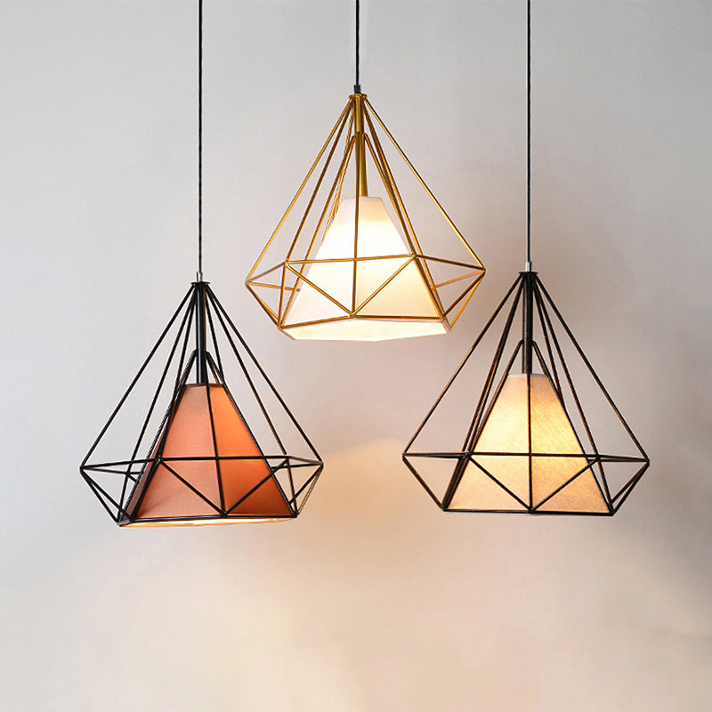 Industrial Cone Ceiling Pendant Single Fabric Hanging Pendant Light with Diamond Iron Cage Clearhalo 'Art Deco Pendants' 'Cast Iron' 'Ceiling Lights' 'Ceramic' 'Crystal' 'Industrial Pendants' 'Industrial' 'Metal' 'Middle Century Pendants' 'Pendant Lights' 'Pendants' 'Tiffany' Lighting' 2057384