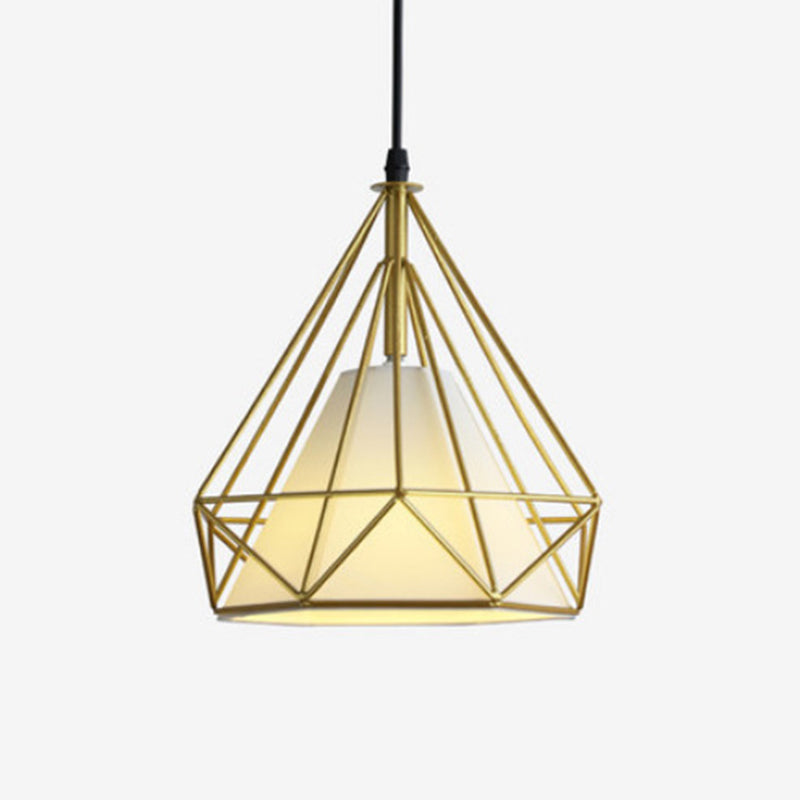 Industrial Cone Ceiling Pendant Single Fabric Hanging Pendant Light with Diamond Iron Cage Gold Clearhalo 'Art Deco Pendants' 'Cast Iron' 'Ceiling Lights' 'Ceramic' 'Crystal' 'Industrial Pendants' 'Industrial' 'Metal' 'Middle Century Pendants' 'Pendant Lights' 'Pendants' 'Tiffany' Lighting' 2057385