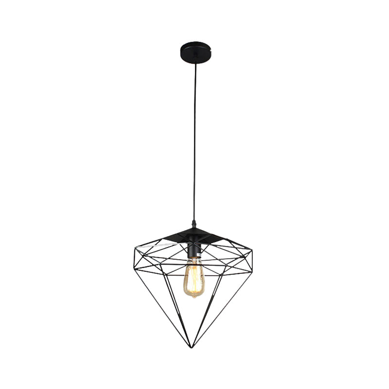 Diamond Cage Iron Hanging Lamp Vintage Single-Bulb Dining Room Hanging Light in Black Black A Clearhalo 'Art Deco Pendants' 'Black' 'Cast Iron' 'Ceiling Lights' 'Ceramic' 'Crystal' 'Industrial Pendants' 'Industrial' 'Metal' 'Middle Century Pendants' 'Pendant Lights' 'Pendants' 'Rustic Pendants' 'Tiffany' Lighting' 2057429