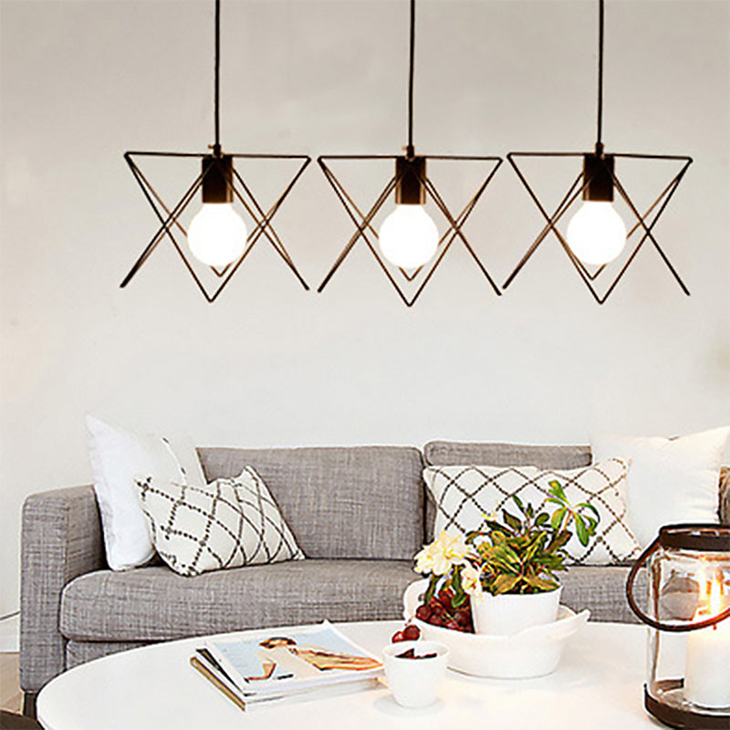 3 Bulbs Iron Suspension Light Antique Black Geometrical Cage Living Room Multi Ceiling Lamp Black Clearhalo 'Art Deco Pendants' 'Black' 'Cast Iron' 'Ceiling Lights' 'Ceramic' 'Crystal' 'Industrial Pendants' 'Industrial' 'Metal' 'Middle Century Pendants' 'Pendant Lights' 'Pendants' 'Rustic Pendants' 'Tiffany' Lighting' 2057478