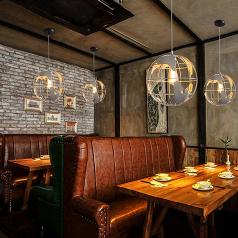 Iron Terrestrial Globe Hanging Light Simplicity 1 Bulb Restaurant Pendant Light Fixture in White White Clearhalo 'Art Deco Pendants' 'Cast Iron' 'Ceiling Lights' 'Ceramic' 'Crystal' 'Industrial' 'Metal' 'Pendant Lights' 'Tiffany' Lighting' 2057488