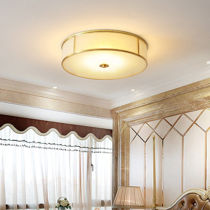 Opal Glass Cylinder Shaped Flush Mount Traditional Bedroom Flushmount Ceiling Light in Gold Clearhalo 'Ceiling Lights' 'Close To Ceiling Lights' 'Close to ceiling' 'Flush mount' Lighting' 2057731