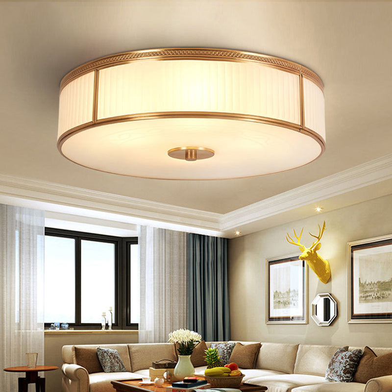 Gold Drum Shaped Flush Ceiling Light Vintage Cream Glass Living Room Flush Mount Fixture Clearhalo 'Ceiling Lights' 'Close To Ceiling Lights' 'Close to ceiling' 'Flush mount' Lighting' 2057737