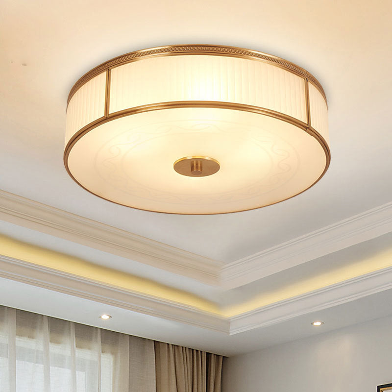 Gold Drum Shaped Flush Ceiling Light Vintage Cream Glass Living Room Flush Mount Fixture Clearhalo 'Ceiling Lights' 'Close To Ceiling Lights' 'Close to ceiling' 'Flush mount' Lighting' 2057738