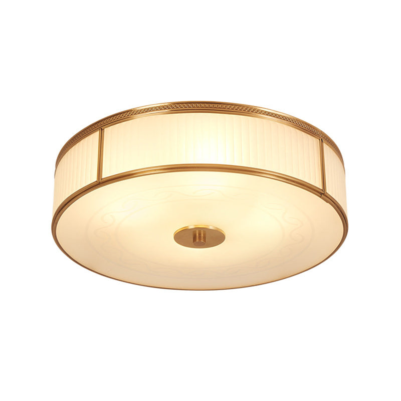 Gold Drum Shaped Flush Ceiling Light Vintage Cream Glass Living Room Flush Mount Fixture Clearhalo 'Ceiling Lights' 'Close To Ceiling Lights' 'Close to ceiling' 'Flush mount' Lighting' 2057740