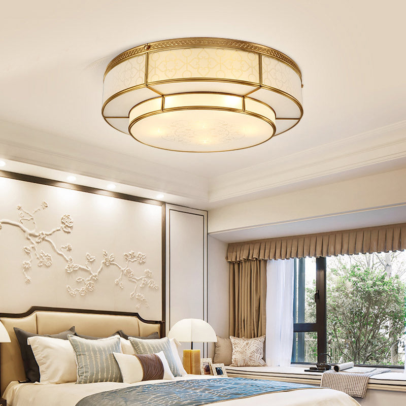 Vintage 2 Layers Flush Mount Lighting Frost Glass Flush Mount Ceiling Light in Gold for Living Room Gold Clearhalo 'Ceiling Lights' 'Close To Ceiling Lights' 'Close to ceiling' 'Flush mount' Lighting' 2057747