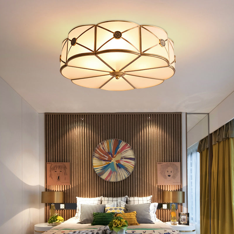 Opal Glass Scalloped Edge Semi Flush Chandelier Vintage Bedroom Flush Lighting Fixture in Gold Gold Flushmount Clearhalo 'Ceiling Lights' 'Close To Ceiling Lights' 'Close to ceiling' 'Flush mount' Lighting' 2057766