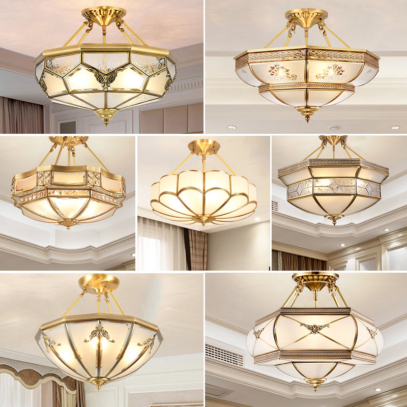 Bowl Shaped Frost Glass Flush Mount Lighting Classic Bedroom Semi Flush Chandelier in Gold Clearhalo 'Ceiling Lights' 'Close To Ceiling Lights' 'Close to ceiling' 'Semi-flushmount' Lighting' 2058073