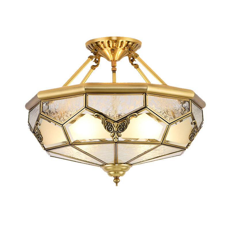 Bowl Shaped Frost Glass Flush Mount Lighting Classic Bedroom Semi Flush Chandelier in Gold Clearhalo 'Ceiling Lights' 'Close To Ceiling Lights' 'Close to ceiling' 'Semi-flushmount' Lighting' 2058074