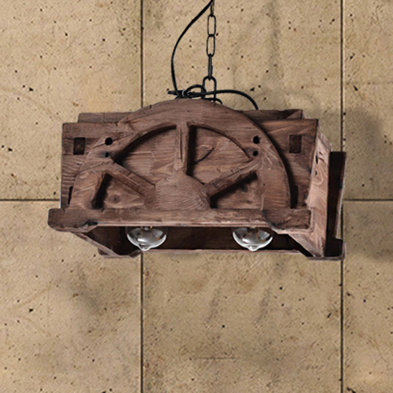 Clear Glass Brown Pendant Lamp Rectangle 2-Light Loft Style Chandelier Light Fixture with Wood Brown Clearhalo 'Carpenter Chandeliers' 'Ceiling Lights' 'Chandeliers' 'Industrial Chandeliers' 'Industrial' 'Middle Century Chandeliers' 'Modern' 'Tiffany' Lighting' 205808