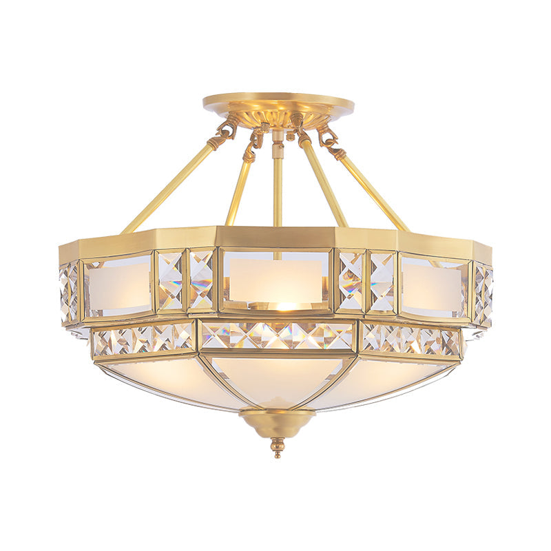 4 Heads Hand-Blown Glass Flush Mount Vintage Gold Bowl Shaped Corridor Semi Flush Chandelier with Crystal Decor Clearhalo 'Ceiling Lights' 'Close To Ceiling Lights' 'Close to ceiling' 'Flush mount' Lighting' 2058082