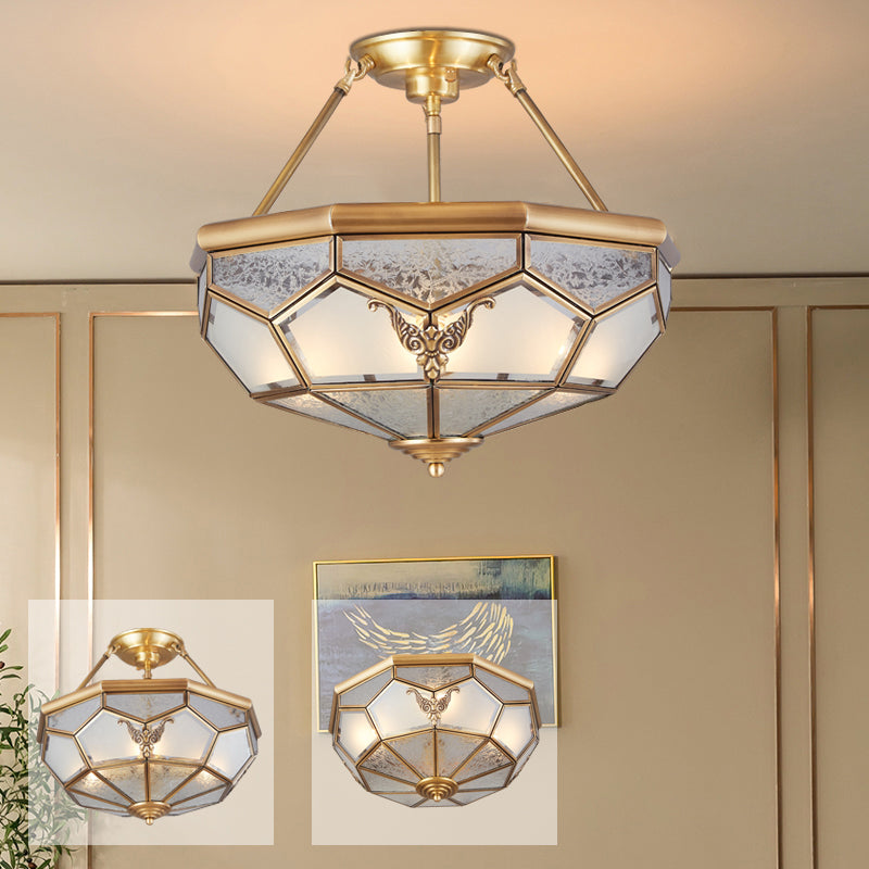 Bowl Shaped Metal Semi Flush Chandelier Simplicity Corridor Flush Ceiling Light in Gold Gold Downrods Clearhalo 'Ceiling Lights' 'Close To Ceiling Lights' 'Close to ceiling' 'Flush mount' Lighting' 2058100