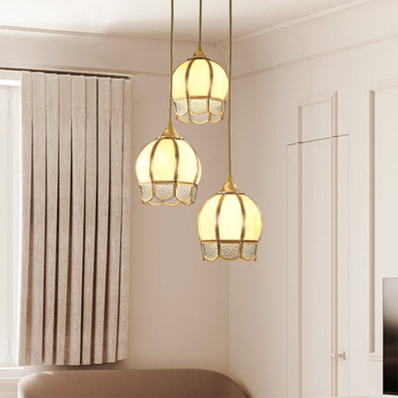 3 Heads Dome Shaped Multi Ceiling Lamp Simplicity Gold Ripple Glass Suspension Light Fixture Clearhalo 'Ceiling Lights' 'Pendant Lights' 'Pendants' Lighting' 2058166