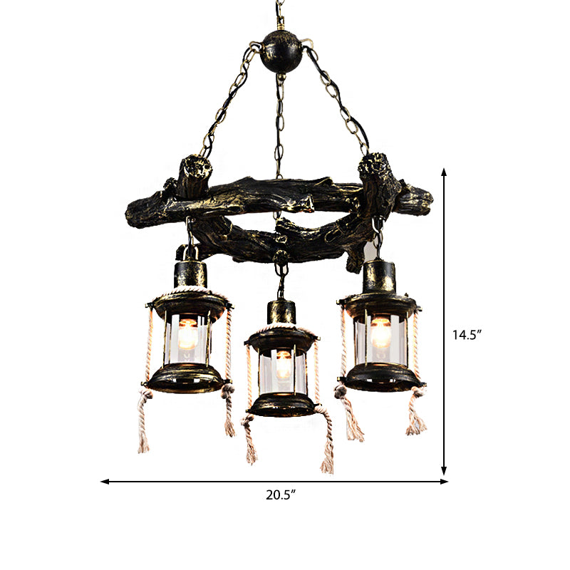 Bronze 3 Lights Chandelier Light Fixture Coastal Clear Glass Kerosene Pendant Lamp Clearhalo 'Cast Iron' 'Ceiling Lights' 'Chandeliers' 'Industrial Chandeliers' 'Industrial' 'Metal' 'Middle Century Chandeliers' 'Rustic Chandeliers' 'Tiffany' Lighting' 205861