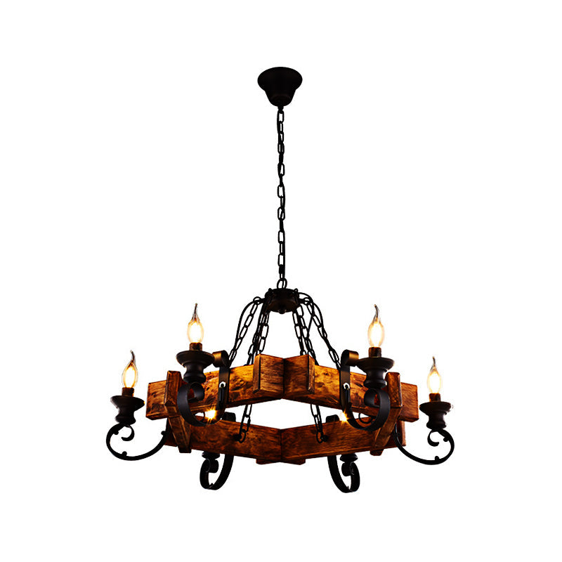 Clear Glass Black Pendant Lamp Candle 6-Light Vintage Chandelier Light Fixture with Wooden Backplate Clearhalo 'Cast Iron' 'Ceiling Lights' 'Chandeliers' 'Industrial Chandeliers' 'Industrial' 'Metal' 'Middle Century Chandeliers' 'Rustic Chandeliers' 'Tiffany' Lighting' 205889