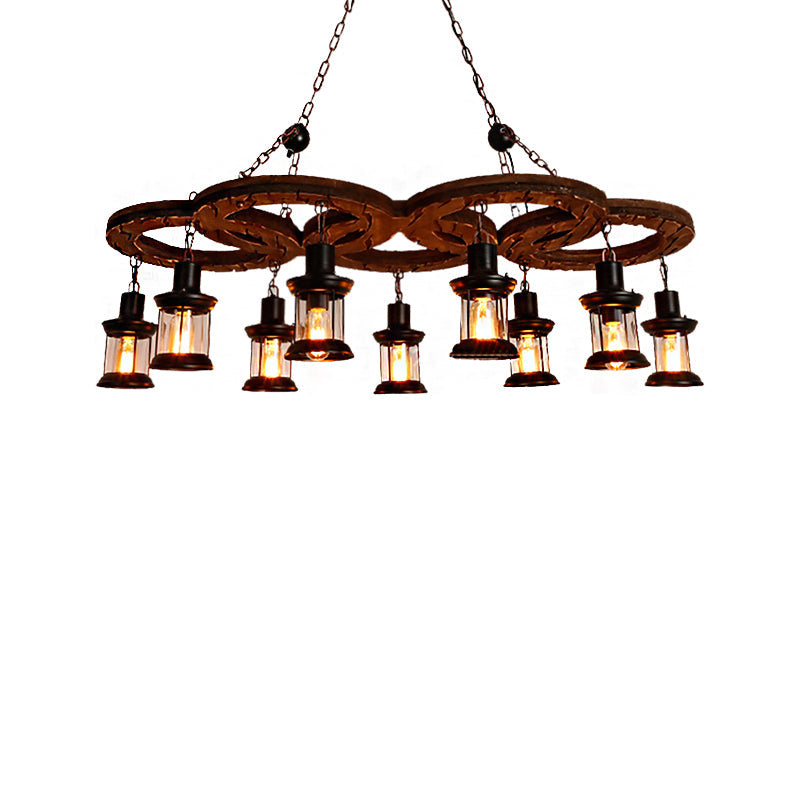 Lantern Clear Glass Light Chandelier Coastal Multi Light Living Room Pendant Lighting in Black with Wooden Shelf Clearhalo 'Cast Iron' 'Ceiling Lights' 'Chandeliers' 'Industrial Chandeliers' 'Industrial' 'Metal' 'Middle Century Chandeliers' 'Rustic Chandeliers' 'Tiffany' Lighting' 205905