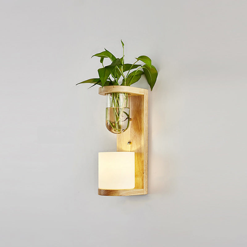 White Glass Geometrical Wall Lighting Fixture Modern 1 Head Wood Wall Sconce Lamp for Bedside White Barrel Clearhalo 'Industrial wall lights' 'Industrial' 'Middle century wall lights' 'Tiffany' 'Wall Lamps & Sconces' 'Wall Lights' Lighting' 2063554