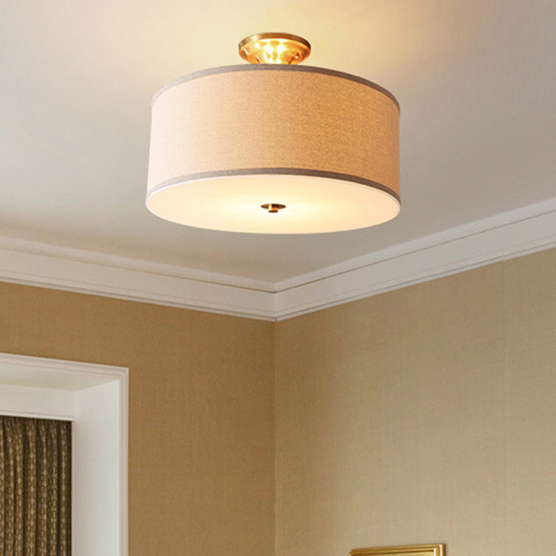 Traditional Drum Shaped Semi Flush Mount Fabric Flush Ceiling Light Fixture in Beige Beige Clearhalo 'Ceiling Lights' 'Close To Ceiling Lights' 'Close to ceiling' 'Semi-flushmount' Lighting' 2063574