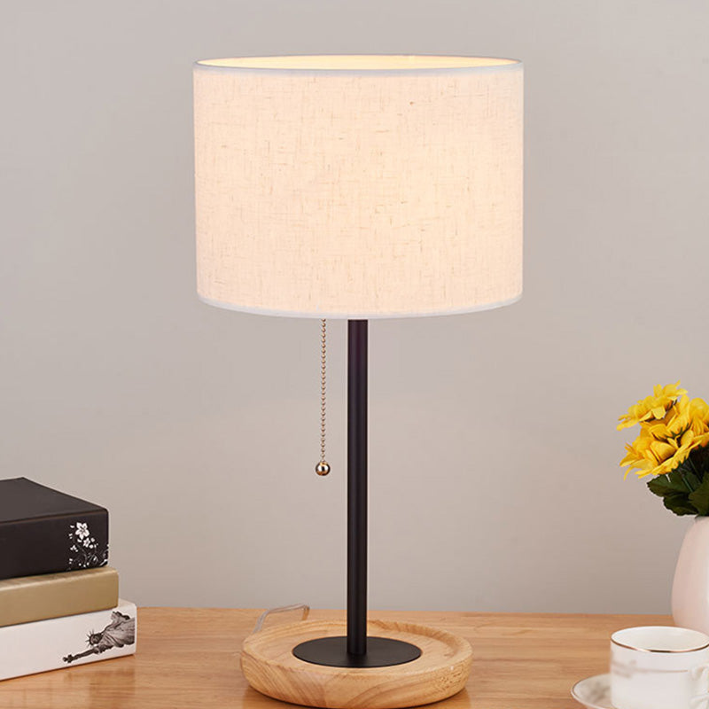 Drum Shaped Study Room Table Lighting Fabric 1 Head Minimalist Nightstand Lamp with Pull Chain Flaxen Clearhalo 'Lamps' 'Table Lamps' Lighting' 2063746