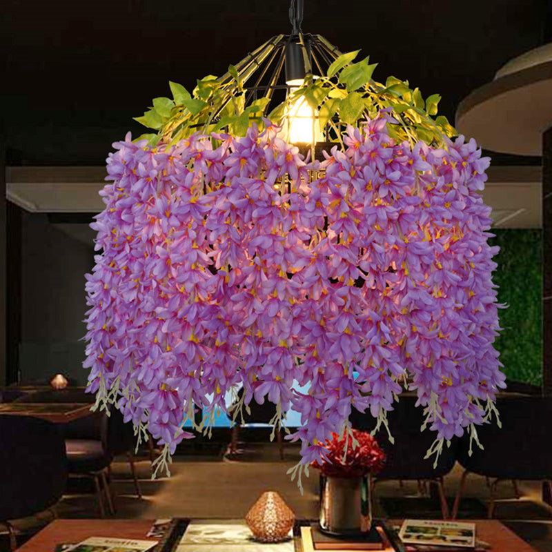 Iron Birdcage Hanging Light Rustic 1 Bulb Restaurant Pendant Light Fixture with Artificial Flower Purple Clearhalo 'Art Deco Pendants' 'Cast Iron' 'Ceiling Lights' 'Ceramic' 'Crystal' 'Industrial' 'Metal' 'Pendant Lights' 'Tiffany' Lighting' 2063962