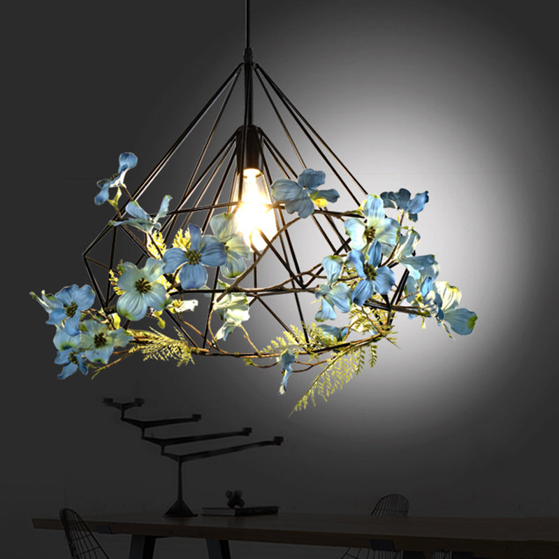 Blue-White Diamond Hanging Light Rustic Metallic 1 Bulb Restaurant Pendant Light Fixture with Artificial Flower Blue-White Clearhalo 'Art Deco Pendants' 'Cast Iron' 'Ceiling Lights' 'Ceramic' 'Crystal' 'Industrial' 'Metal' 'Pendant Lights' 'Tiffany' Lighting' 2064036