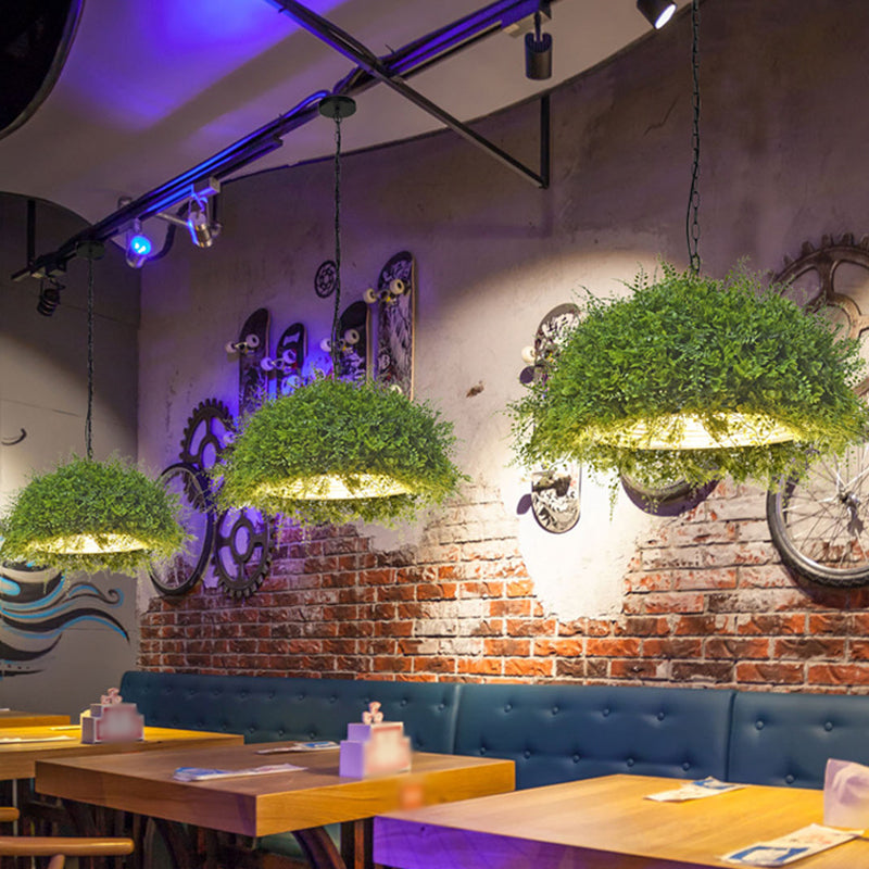 1 Bulb Iron Suspension Lighting Retro Green Dome Restaurant Pendant Ceiling Light with Plant Decor Clearhalo 'Art Deco Pendants' 'Cast Iron' 'Ceiling Lights' 'Ceramic' 'Crystal' 'Industrial' 'Metal' 'Pendant Lights' 'Tiffany' Lighting' 2064043