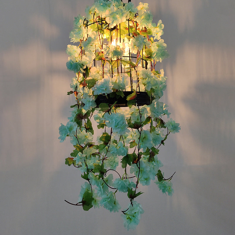 Birdcage Bar Ceiling Light Industrial Iron Single Light Green Hanging Pendant Light with Flower Decor Clearhalo 'Art Deco Pendants' 'Cast Iron' 'Ceiling Lights' 'Ceramic' 'Crystal' 'Industrial Pendants' 'Industrial' 'Metal' 'Middle Century Pendants' 'Pendant Lights' 'Pendants' 'Tiffany' Lighting' 2064073