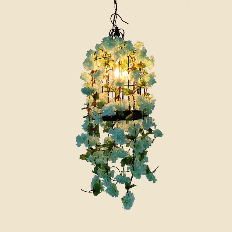 Birdcage Bar Ceiling Light Industrial Iron Single Light Green Hanging Pendant Light with Flower Decor Clearhalo 'Art Deco Pendants' 'Cast Iron' 'Ceiling Lights' 'Ceramic' 'Crystal' 'Industrial Pendants' 'Industrial' 'Metal' 'Middle Century Pendants' 'Pendant Lights' 'Pendants' 'Tiffany' Lighting' 2064075