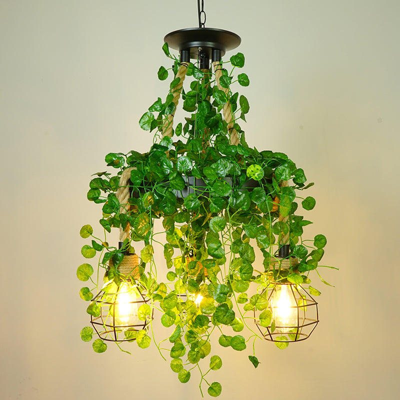 Antique Grenade Cage Chandelier Light 3 Heads Iron Pendant Light Fixture with Plant Decor for Restaurant Green Clearhalo 'Cast Iron' 'Ceiling Lights' 'Chandeliers' 'Industrial Chandeliers' 'Industrial' 'Metal' 'Middle Century Chandeliers' 'Rustic Chandeliers' 'Tiffany' Lighting' 2064113