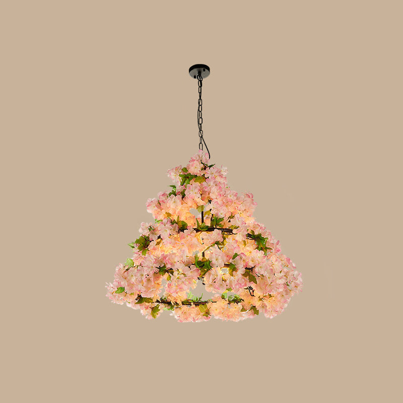 Iron Cone Cage Ceiling Lighting Industrial Restaurant Chandelier Light Fixture with Artificial Flower Clearhalo 'Cast Iron' 'Ceiling Lights' 'Chandeliers' 'Industrial Chandeliers' 'Industrial' 'Metal' 'Middle Century Chandeliers' 'Rustic Chandeliers' 'Tiffany' Lighting' 2064130