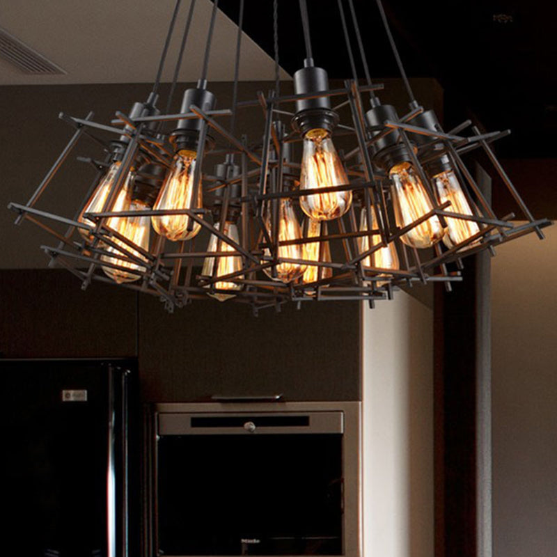 Metal Square Caged Hanging Chandelier Industrial 10-Light Dining Room Pendant Light in Black Black Clearhalo 'Cast Iron' 'Ceiling Lights' 'Chandeliers' 'Industrial Chandeliers' 'Industrial' 'Metal' 'Middle Century Chandeliers' 'Rustic Chandeliers' 'Tiffany' Lighting' 206416