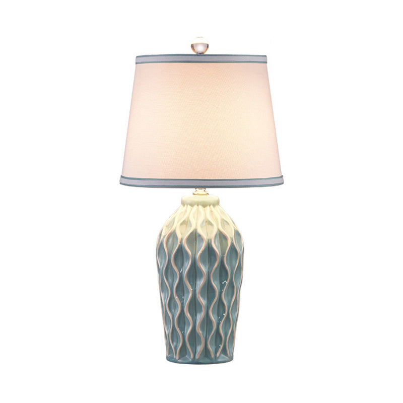 Fabric Conical Shape Table Lamp Nordic Style Single Nightstand Light with Pottery Decor Blue Clearhalo 'Lamps' 'Table Lamps' Lighting' 2064522