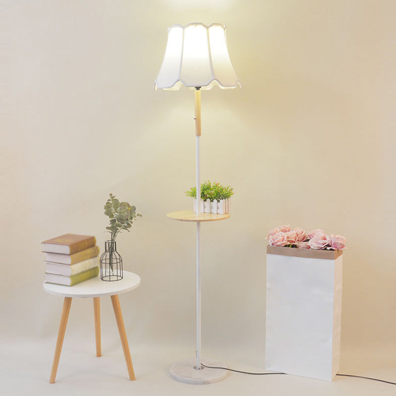 Fabric Flared Shaped Floor Light Simplicity 1-Light Bedside Standing Lamp with Wooden Tray White Clearhalo 'Floor Lamps' 'Lamps' Lighting' 2064677