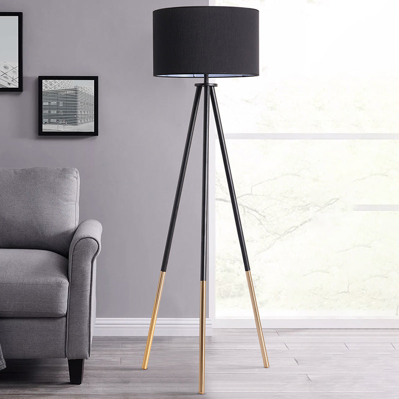 Metal Tripod Shaped Floor Light Simplicity 1-Bulb Living Room Standing Lamp with Drum Fabric Shade Black Clearhalo 'Floor Lamps' 'Lamps' Lighting' 2064736