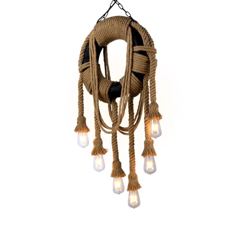 Rope Black Pendant Lamp Tyre 6 Lights Industrial Chandelier Light Fixture for Coffee Shop Clearhalo 'Ceiling Lights' 'Chandeliers' 'Industrial Chandeliers' 'Industrial' 'Middle Century Chandeliers' 'Tiffany' Lighting' 206566