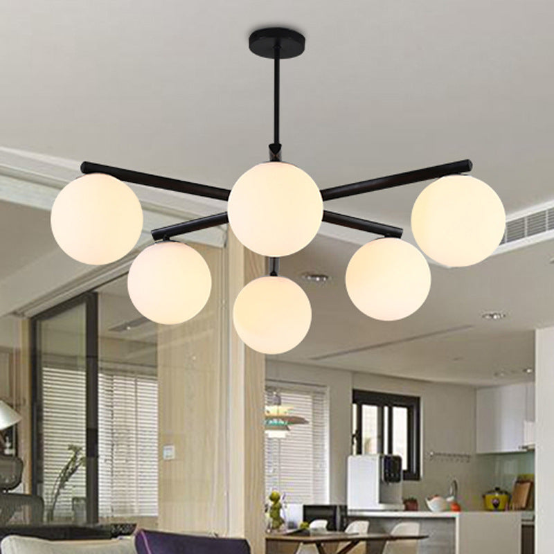 White Glass Globe Hanging Chandelier Traditional 3/6/8 Light Living Room Pendant Light in Black with Sunburst Design 6 Black Clearhalo 'Ceiling Lights' 'Chandeliers' 'Close To Ceiling Lights' 'Glass shade' 'Glass' Lighting' 206611