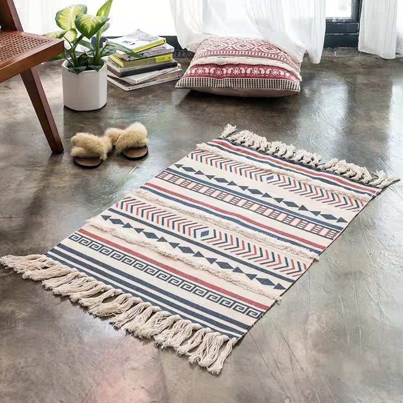 Novelty Multicolored Geometry Rug Cotton Bohemia Carpet Pet Friendly Rug for Indoor Blue-Red 2' x 2'11