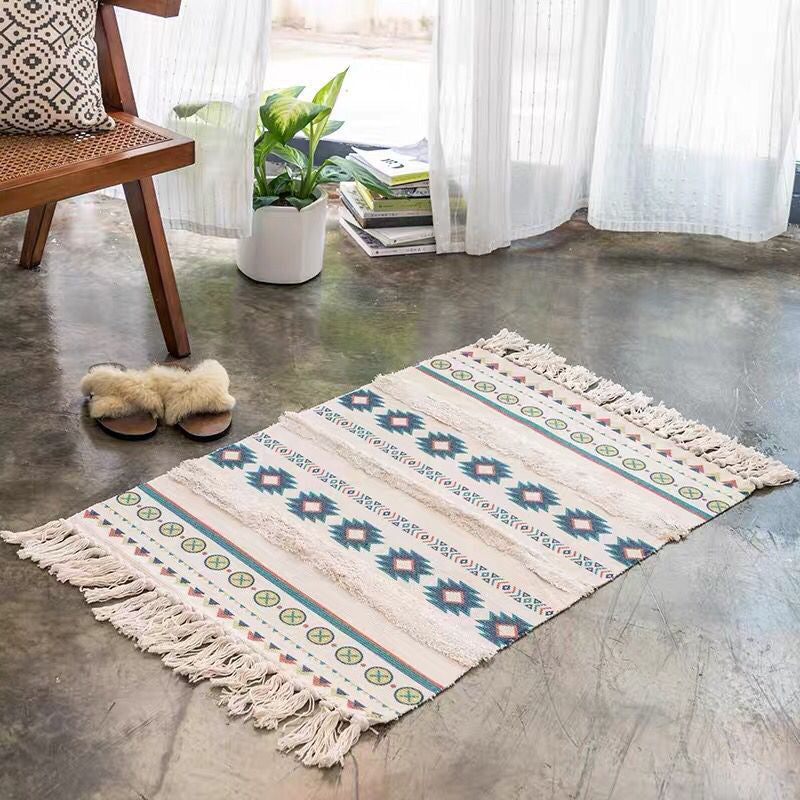 Boho Seamless Geometric Pattern Rug Multicolored Cotton Carpet Pet Friendly Machine Washable Rug for Living Room Blue 2' x 2'11