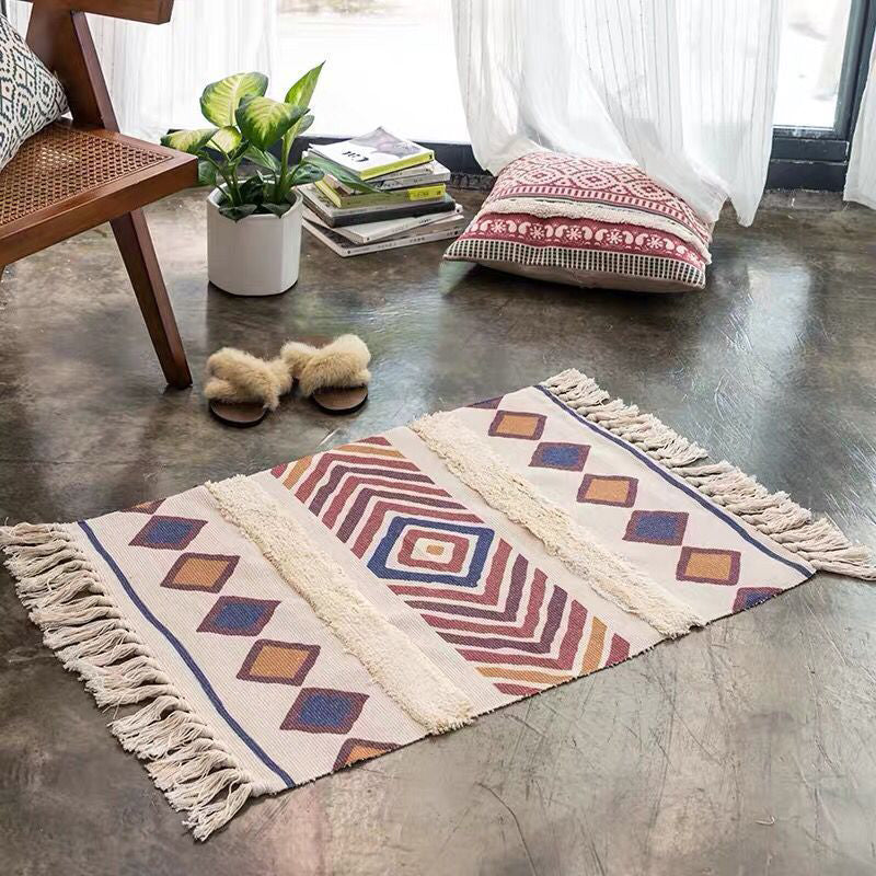 Boho Seamless Geometric Pattern Rug Multicolored Cotton Carpet Pet Friendly Machine Washable Rug for Living Room Red 2' x 2'11