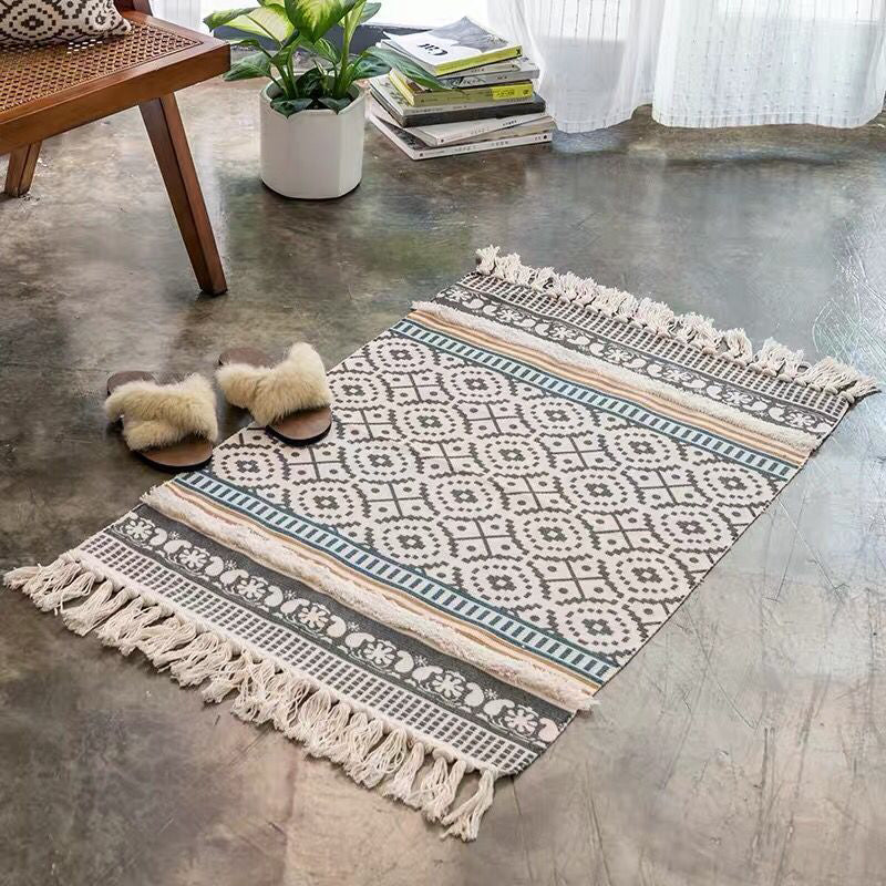 Boho Seamless Geometric Pattern Rug Multicolored Cotton Carpet Pet Friendly Machine Washable Rug for Living Room Grey 2' x 2'11