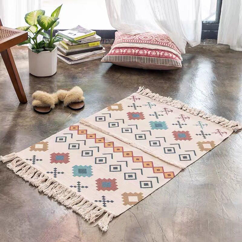 Boho Seamless Geometric Pattern Rug Multicolored Cotton Carpet Pet Friendly Machine Washable Rug for Living Room Black-Red 2' x 2'11